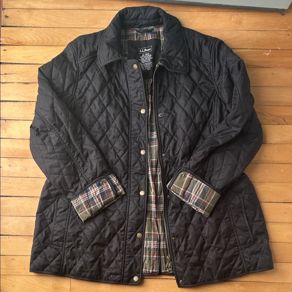 L.L. Bean Black Quilted Puffer Jacket with Plaid Trim